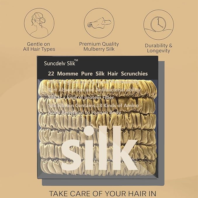Suncdelv Silk,100% Silk Scrunchies for Hair,22 Momme Hair Ties for Anti-Crease & Breakage,Natural Women Hair Accessories，Fashion Hairbands 6PCS（Ancient Gold）