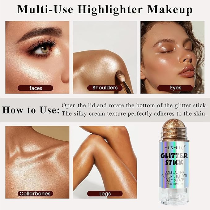 Brown Body Glitter Stick, Long Lasting Moisturizing Body Glitter for Women, Multi-Use Highlighter Makeup, Sparkling Face Glitter Mermaid Makeup for Kids, Travel Size for Daily, Festival, Party