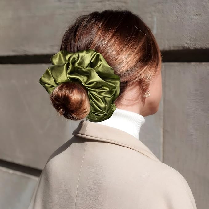 CEELGON Olive Green Big Satin Scrunchie6.5 Inches Jumbo Scrunchies Silky Hair Ties Oversized Ponytail Holderfor Thick Curly Hair Extra Large Hair Accessories for Women (Olive Green)