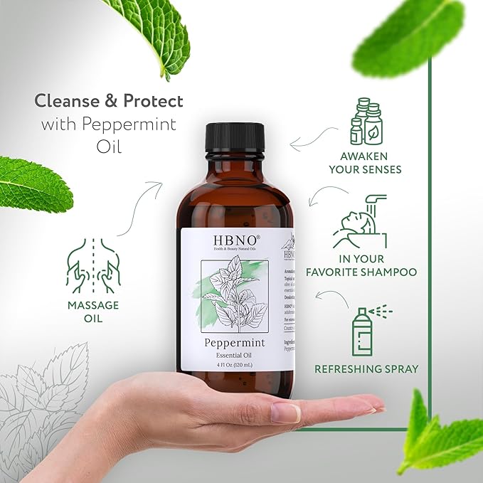 HBNO California Bottled Peppermint Essential Oil 4 fl oz (120ml) - Premium Grade Natural Peppermint Oil for Hair, Skin & Scalp Care - Ideal for Masage, Diffusers & Aromatherapy - with Glass Dropper