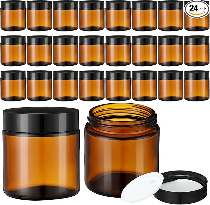 24 Pcs 4 oz Glass Jars with Lids, Clear Candle Jars with Black Lids Round Empty Candles Container Tins Candle Making Storing Lotions Spice Powder Liquid Sample Makeup (Amber)