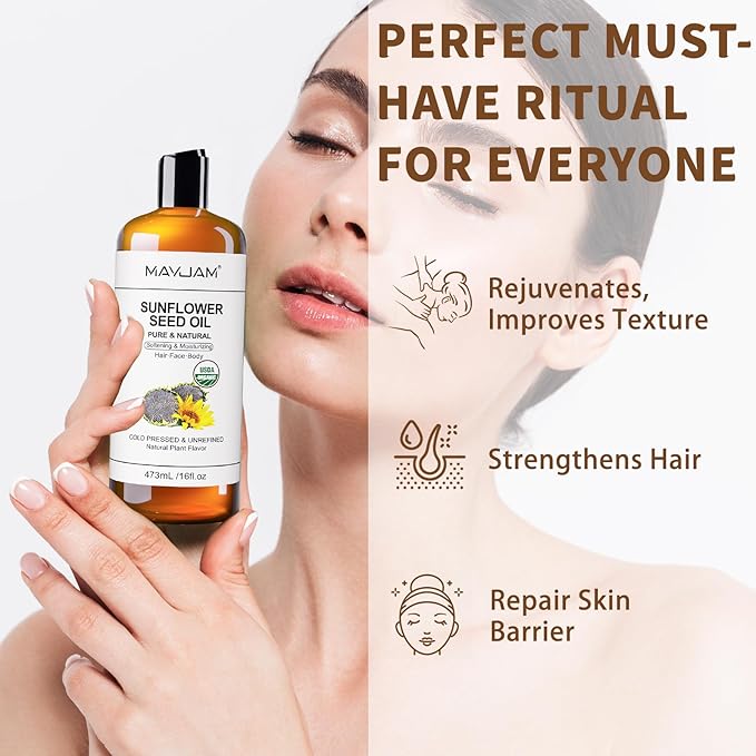 MAYJAM Organic Sunflower Seed Oil 16 Fl Oz, USDA Certified Pure & Natural Cold Pressed Carrier Oil, for Skin, Hair, Face, Body & Nail Moisturing, Massage Oils for Essential Oils Mixing (473ml)