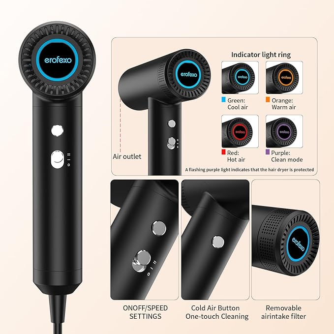 Professional High Speed Ionic Hair Dryer | Ultra-Fast Drying | Low Noise | 110000 RPM |Metal Body |Household Travel| Compact Blow Dryer with Magnetic Diffuser for Faster Drying All Hair Types