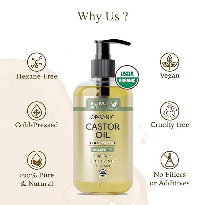 Organic Castor Oil 9 fl oz - Rosemary Infused Cold Pressed - 100% Pure & Hexane Free - Castor Oil for Hair Growth - Moisturizing & Nourishing for Face & Body - The Holly Tree