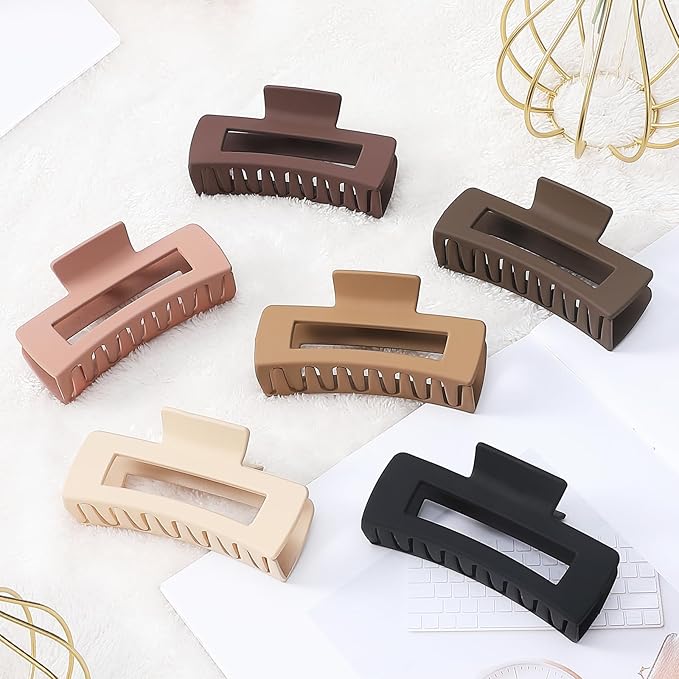4 Inch Big Hair Claw Clips 6 Pcs Large Claw for Thick Hair Square Hair Clips for Women Rectangle Hair Clips Nonslip Acrylic Banana Jaw Clips Hair Accessories for Girls (Coffee)