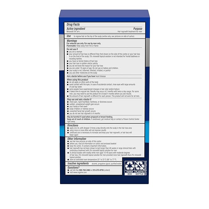 Men's Rogaine Extra Strength 5% Minoxidil Topical Solution for Hair Loss & Regrowth, Topical Treatment for Men, Unscented Minoxidil Follicle Booster Liquid, 1-Month Supply, 2 fl. oz