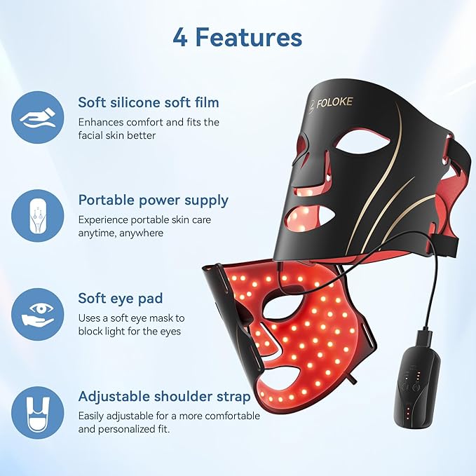 FOLOKE LED Light Therapy Mask Skin Care Mask, LED Red 630±5nm & NIR 830nm Wavelength for Home Use(TAN)