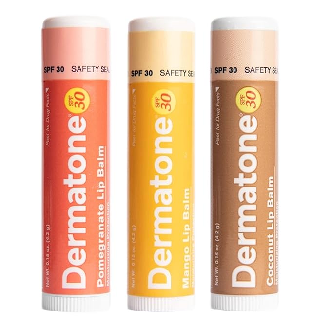 Dermatone Lip Balm Fruit Variety Pack | Moisturizing Lip Care Stocking Stuffer | Soothes & Heals Chapped Lips | SPF 30 | Aloe, Tea Tree Oil | 3-Pack (Coconut, Mango, Green Tea)