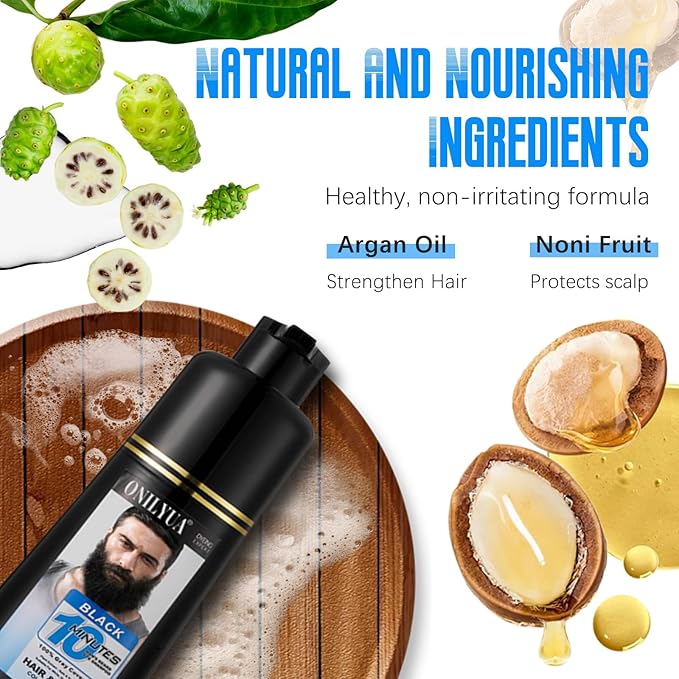 Mens Beard & Mustache Dye Shampoo, Instant 100% Grey Hair Coverage, 3 in 1 Black Beard Color Shampoo for Men Facial Hair, Easy to Use & Dermatologist Tested, 200ML