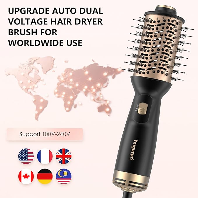 4 in 1 Travel Dual Voltage Hair Dryer Brush, Mini Auto Blow Dryer Brush in one, 2 Inch Hot Air Brush and Styler for Home & Salon, 3 Heat Settings with EU&UK Plug (Gold)