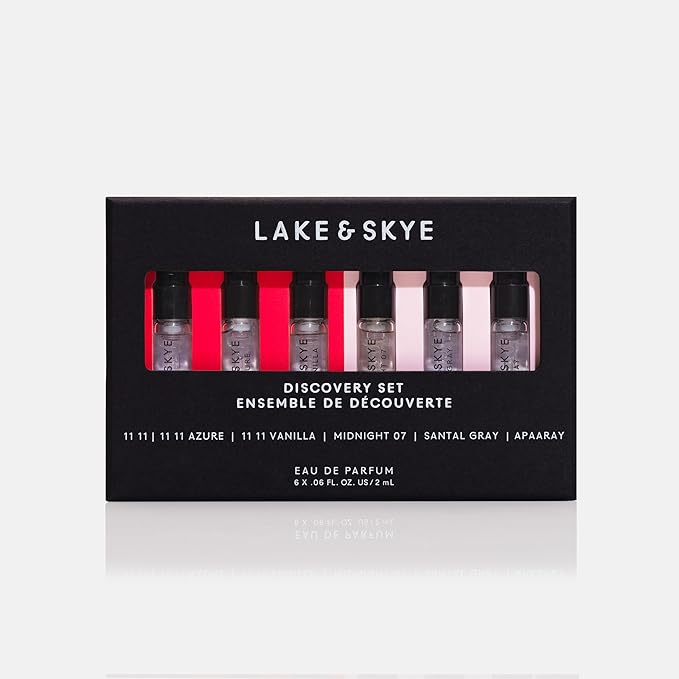 Lake & Skye 11 11 Eau de Parfum Discovery Set, 6 Spray Perfume Trial Set, Travel-sized Pack, Unisex, 6 Scents, Fragrance Sampler Gift Set, Long Lasting Fragrance, Sample