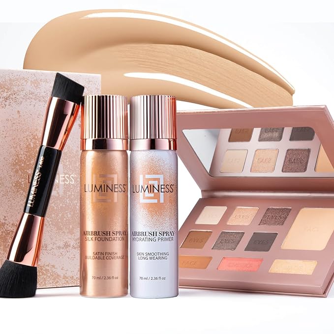 LUMINESS Complete Makeup Kit - Includes Face Palette, Airbrush Foundation, Primer and Brush - Silky, Long-Wearing, Easy to Blend, Perfect Makeup for Older Women, 4-PC Make Up Set (02 - Fair)