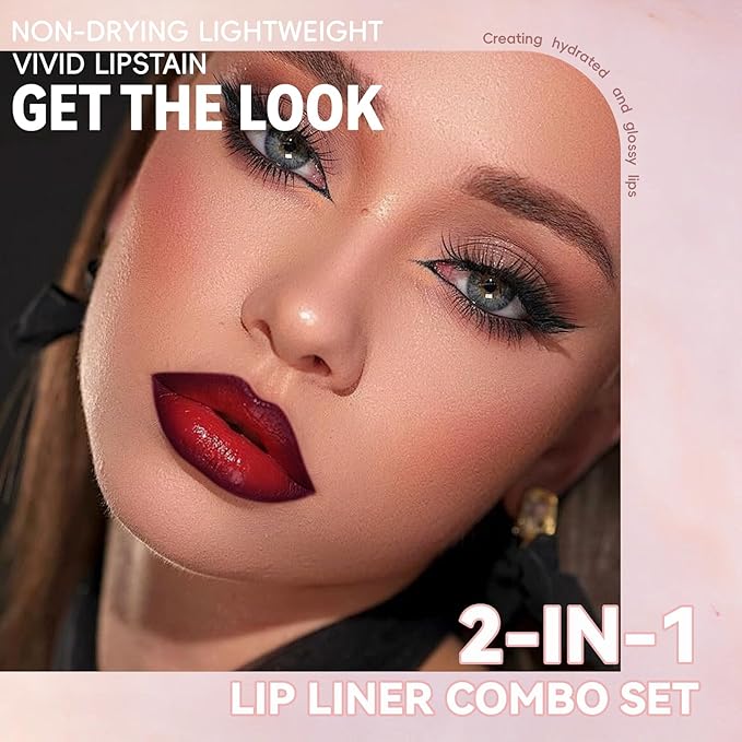 Lip Liner Gloss Lip Combo Set, 2 in 1 Lip Duo Dark Red Lip Liner Lipstick Glossy Nourishing Cherry Cola Gloss Lip Kit, Smooth Quick Fuller Plumping Juicy Lip Makeup for Women07#Burgundy