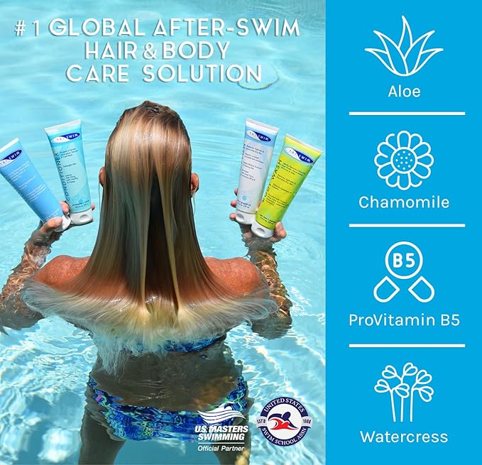 TRISWIM Gift Set Value Pack of 4 + Mesh Bag Travel Kit Swim Care Chlorine Removal Body Wash + Swimmers Shampoo + Conditioner and Lotion 8.5 fl oz for Hydrated Skin and Healthy Hair
