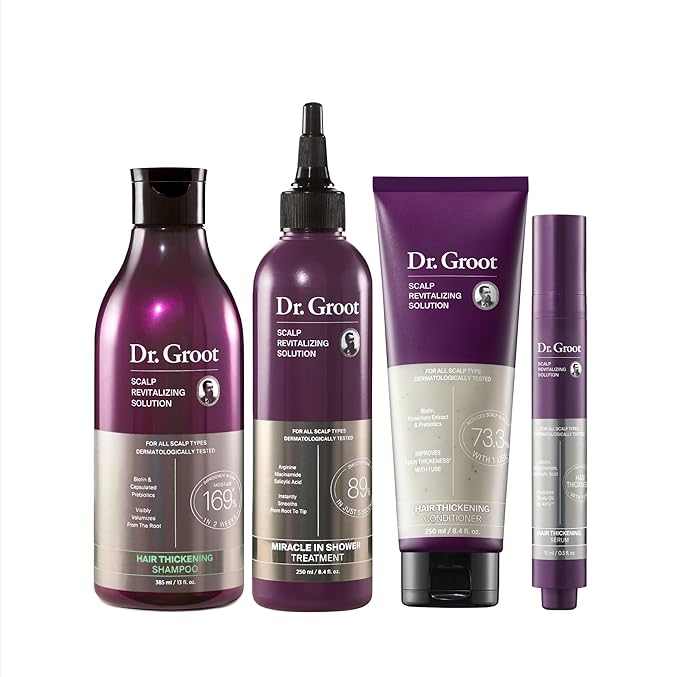 Dr. Groot Thickening Serum, Shampoo, Conditioner, and Scalp Treatment Set for Hair Loss – Clinical Results with Biotin and Rosemary for Hair Thinning, Shedding, Scalp Repair and Treatment