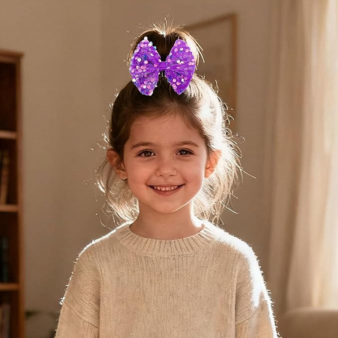 Velvet Sequin Hair Bows Elegant Purple Bow for Women Girls, 4in Glitter Handmade Hair Clips Alligator Clips Ponytail Holder Sparkly Hair Accessories for Helloween, Christmas, Birthday Party, Wedding
