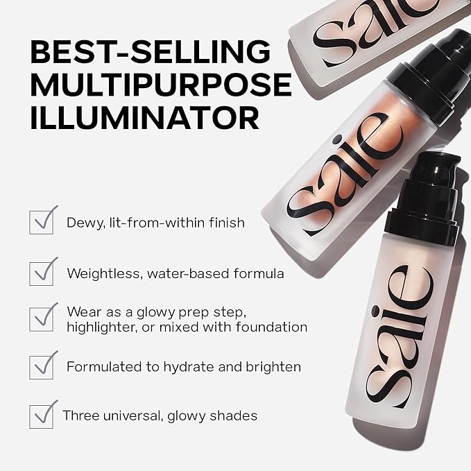 Saie Mini Glowy Super Gel - Hydrating Makeup Primer and Illuminating Glow Serum Enriched with Vitamin C and Squalane Oil - All-Over Liquid Highlighter Makeup for Instant Glass Skin - Roseglow (0.5 oz)