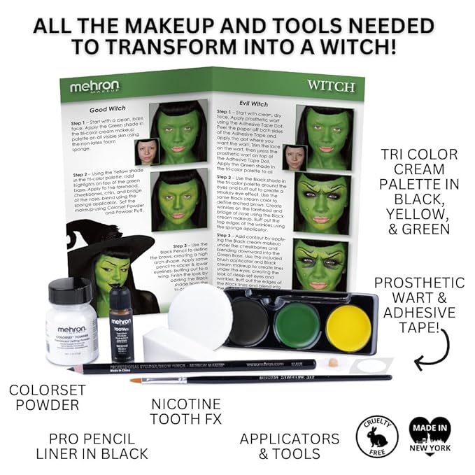 Mehron Makeup Premium Character Kits| Makeup Kits for Halloween & Cosplay| Made in the USA | Complete Kit | Includes all Tools & Instructions on How to Create the Look | (Witch)