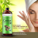 Natural Riches Organic Castor Oil - Cold Pressed, USDA Certified for Dry Skin, Hair Loss, Dandruff, Hair Growth, and Thicker Eyelashes & Eyebrows - 32 fl. oz.