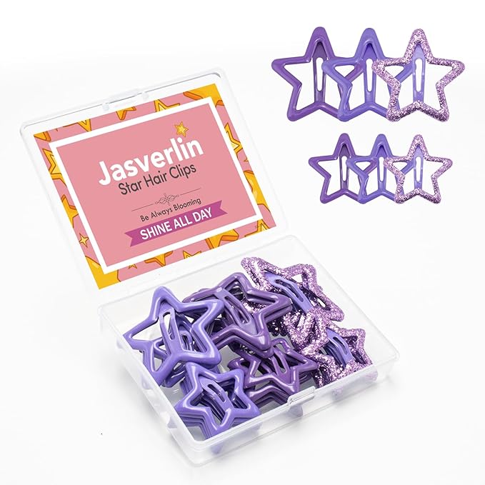 36 Pcs Star Hair Clips, Y2k Cute Snap Barrettes for Women Thin Thick Hair, Colorful Kawaii Girls Rave Accessories Glitter Non Slip Metal Hairclips Assorted Sizes (Purple)