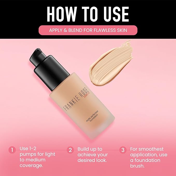 Frankie Rose Cosmetics Matte Perfection Foundation Makeup – Long-Lasting, Hydrating Foundation for Semi-Matte Finish - Foundation Full Coverage for All Skin Types - (Angel) 1.0 US fl oz / 30 ml