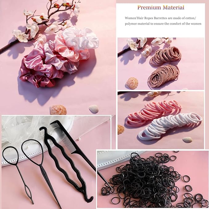 YANRONG Hair Accessories Set: 755PCS Seamless Ponytail Holders, Scrunchies, Hair Bands, and Hair Ties for Thick and Curly Hair (Gradient Powder)