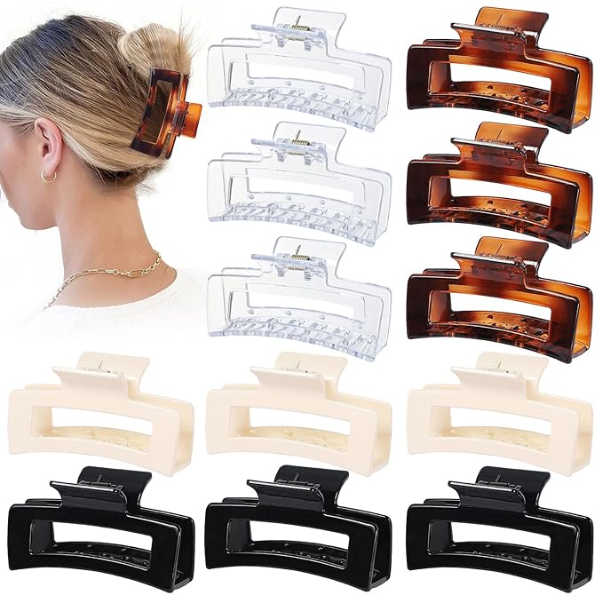 3.5 Inch Medium Square Claw Hair Clips, 12 Pcs Transparent, Amber, Glossy Black for Thick and Thin Hair - Hair Accessories for Women and Girls