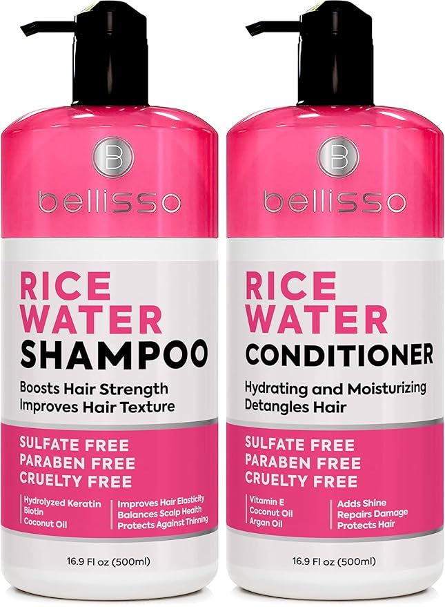Rice Water Shampoo and Conditioner Set - Sulfate Free for Thin and Fine Hair - Fuller, Thickening Formula for Women and Men - With Strengthening Saw Palmetto - Anti Thinning, Volumizing for Thick Hair