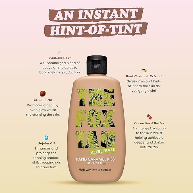 The Fox Tan Rapid Caramel Kiss, Natural Tanning Accelerator For Deeper & Darker Tans, Delivers an Instant Tint & Glow, Vegan & Cruelty Free, 120 mL