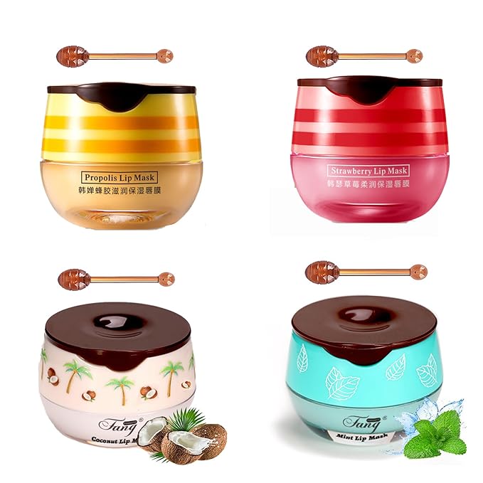 4 PCS Bee Lip Balm Honey Pot,Lip Mask Propolis Moisturizing,Prevention Dry and Cracked Lip Scrubs Exfoliator Lip Wrinkle Skin Care Products (Honey & Coconut & Mint & Strawberry)