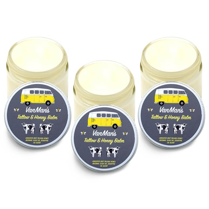 Vanman's Tallow and Honey Balm (3 Pack) - Tallow Face Moisturizer with Pure Grass-Fed/Finished Beef Tallow for Skin and Essential Oils, Organic Raw Honey and Beeswax, Cold Pressed Olive Oil - 2 oz