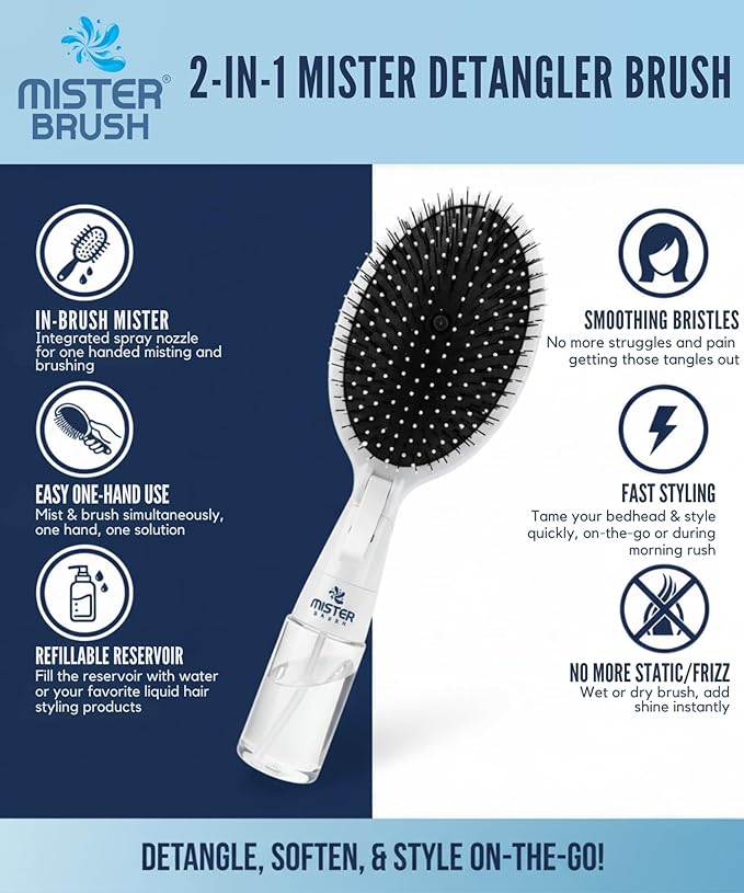 Navy All in One Brush + Mister - 2 in 1 - Detangling Brush - No More Hair Hassle
