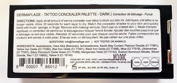 Dermaflage Tattoo Cover Up Makeup (Dark) - Bruise Full Coverage Concealer - Full Coverage Waterproof Concealer for Bruise, Scars & Acne - Smudge Proof Body Makeup Palette with 3 Pro SFX Shades + Brush