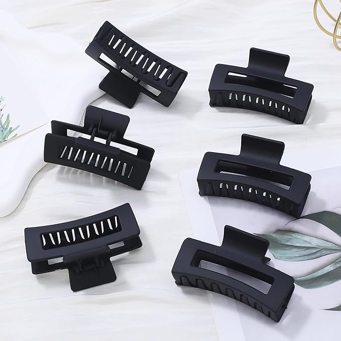 Square Hair Clips 3.5 Inch Medium Claw Clips Rectangle Hair Claw Clips 6 Pack Rubber Paint Jaw Non-Slip Thick Hair Accessories for Women Girls -Black