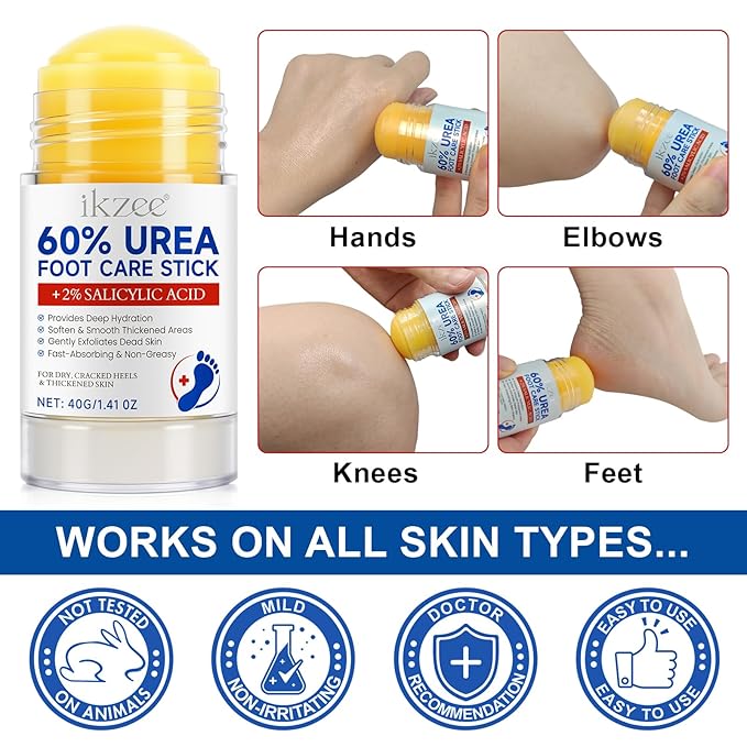 2PCS Urea Cream Stick 60% plus 2% Salicylic Acid, Urea Foot Cream for Dry Cracked Heels, Foot Lotion Stick for Rough Thick Dry & Cracked Skin, Maximum Strength Moisturizer,Foot Moisturiser