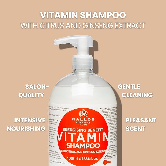Kallos KJMN Vitamin Energising Shampoo with ginseng extract and avocado oil – Pump 1000 ml - 33,81 Fl Oz