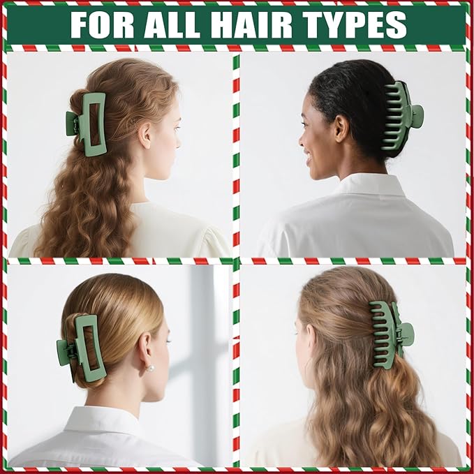 TOCESS Hair Claw Clips for Women - Large 8PK Neutral Matte Jumbo Square Hair Clips for Thick, Thin, Long, Short, Curly Hair Girls, Big Jaw Clip Set for Daily Use (Forest Green)