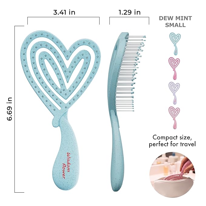 Detangler Brush – Heart-Shaped Detangling Brush for Curly, Wavy, Thick Hair – Dew Mint Hairbrush for Women with Bowl-Curve, Flexible Bristles, Blow Dryer Safe, Small