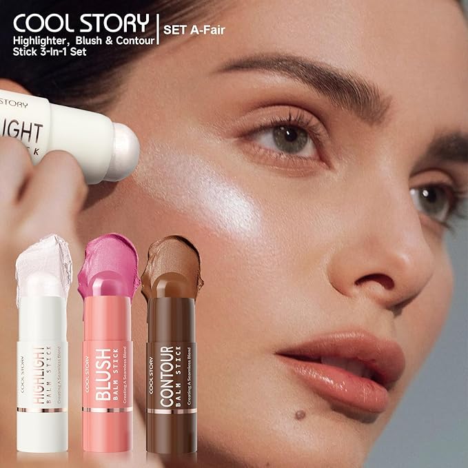 Cool Story 3-in-1 Makeup Set, Highlighter, Blush and Contour Balm Stick, Cream Formula for Face Contouring, Professional Cosmetic Kit (SET-A)