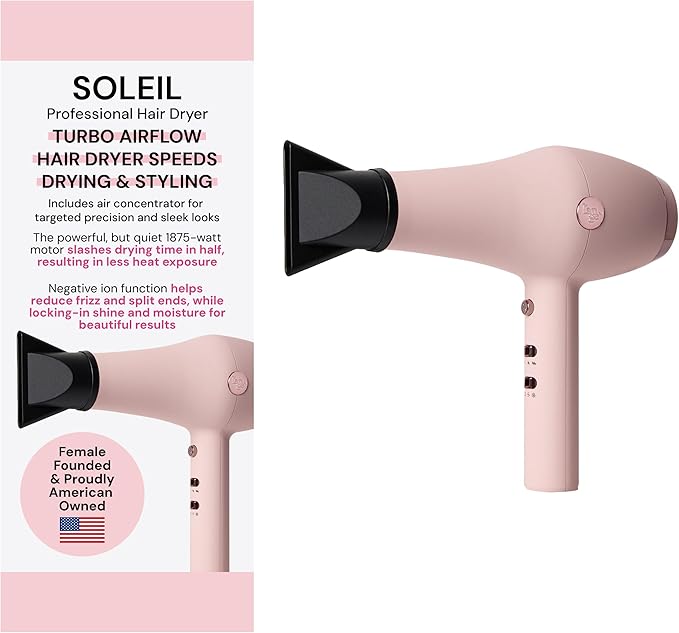 L'ANGE HAIR Soleil Professional Hair Dryer | 3 Heat Settings & 2 Airflow Settings | Cool Shot Locks-in Style | Professional Length Cord | Best Lightweight Hair for Smooth Blowouts (Blush)