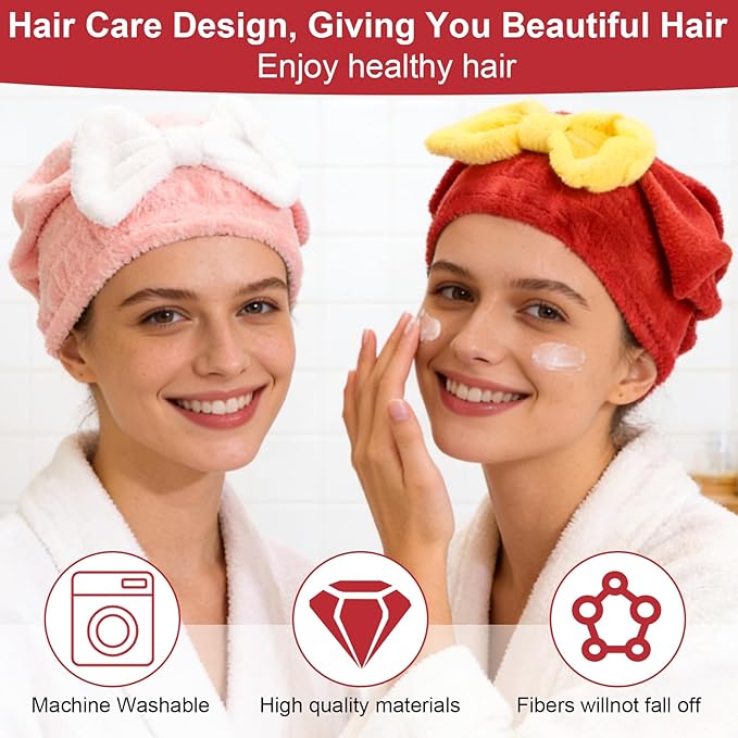 2 Pack Super Absorbent Hair Towel Wrap for Wet Hair, Super Absorbent & Quick-Drying, Thickened Soft Bow Tie Towels for Wet Hair (Red & Pink)