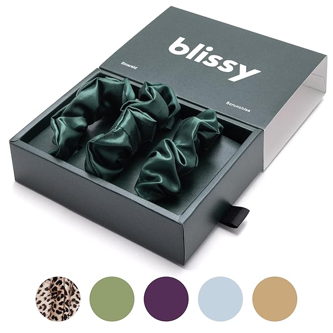 Blissy Silk Scrunchies (3 Pack) - 100% Pure Mulberry 22 Momme 6A High-Grade Fibers Scrunchie for Straight & Curly Hair (Emerald, Regular)