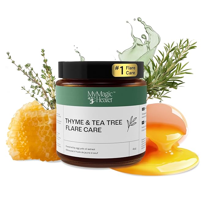 MyMagicHealer Thyme & Tea Tree Flare Care | Ingrown Hair, Razor Bumps, Blind Pimples, Bartholin, Pilonidal Cysts | Folliculitis Cure | Piercing Care w/Egg Yolk Extract & Tea Tree 4 oz