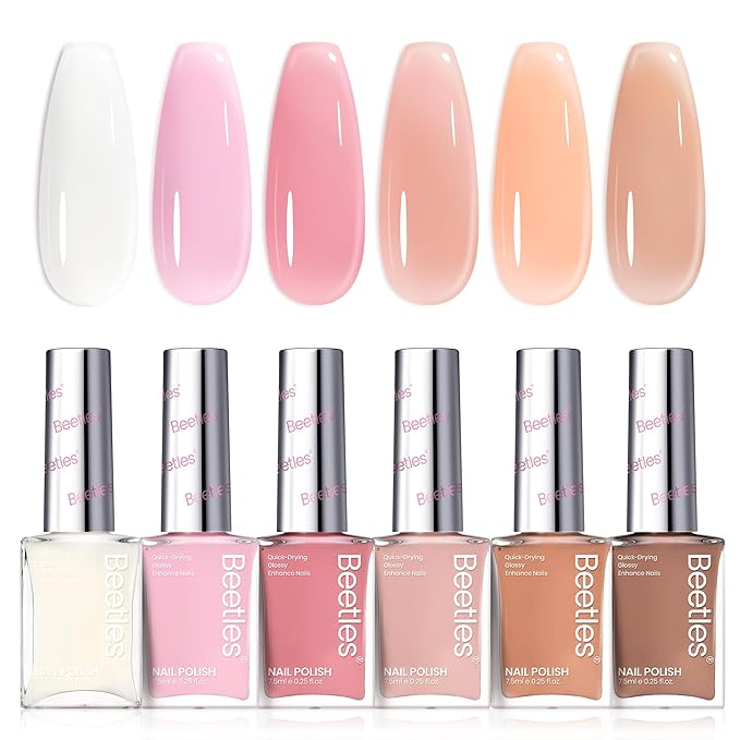 Beetles Jelly Nail Polish Set,6 Colors Pink Nude Jelly Quick Dry Nail Polish Fingernail Fast Drying & Long Lasting Nail Strengthener Polish Gifts for Women