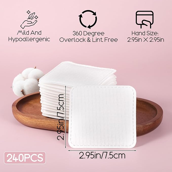 240 Count Large Cotton Pads, Makeup Remover Pads Square Disposable Cotton Soft Rounded Corners Lint-Free with Pressed Seam Design for Facial Cleansing Daily Skin Care