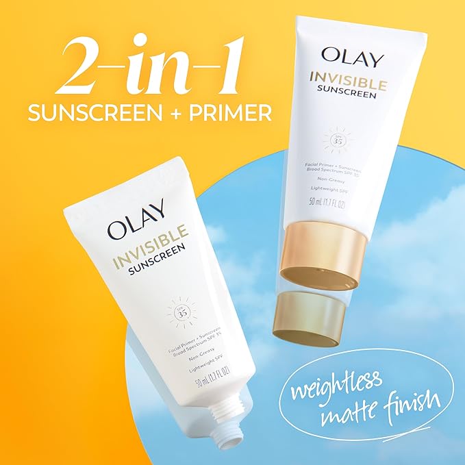 Olay Invisible Sunscreen, SPF 35, 100% Invisible Facial Sunscreen and Makeup Primer - Fragrance-Free, Weightless, No White Cast Broad Spectrum Sun Protection with Vitamin C & E, Aloe Vera, 1.7 Oz