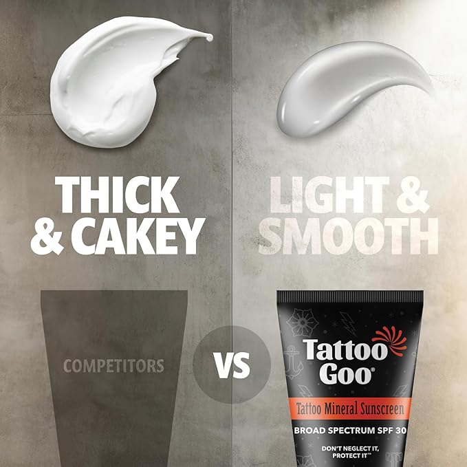 Tattoo Goo Zinc Oxide Mineral Sunscreen SPF 30 – Broad Spectrum UVA/UVB Protection, Tattoo Fade Shield, Non-Greasy, Fragrance-Free, 2 fl oz