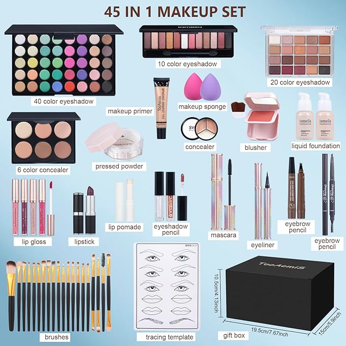Makeup Set for Women Full Kit Includes, eyeshadow、 liquidfoundation,Loose powder,Eyebrow pencil,Lipstick Eye Pencil Makeup BrushesMakeup practice board 4-color lip gloss set