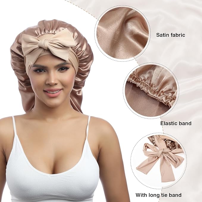 AWAYTR Long Satin Bonnet for Braids - Elastic Silk Hair Bonnets for Sleeping Night Cap Stretchy Tie Band for Women（Champagne）