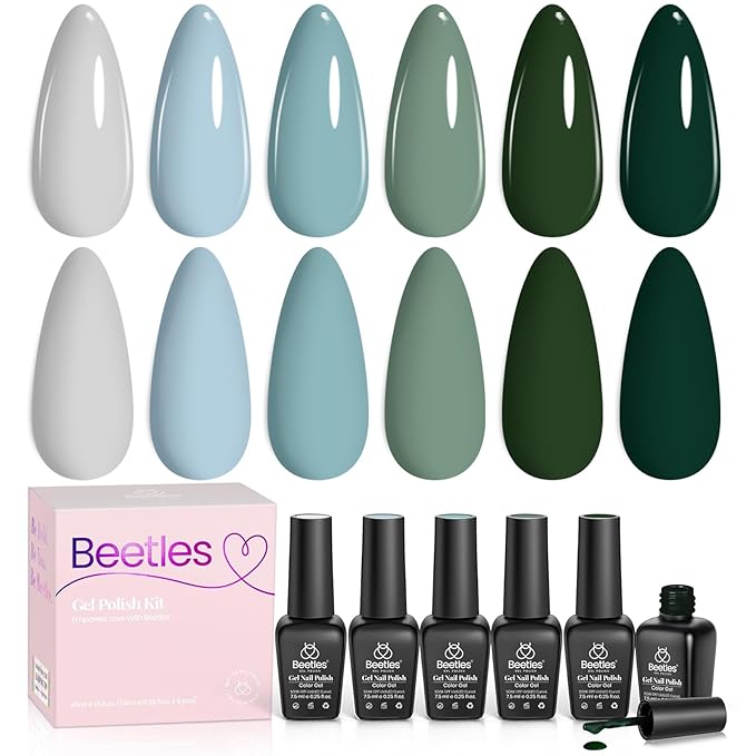 Beetles Green Gel Nail Polish Set, 6 Colors Dark Green Gray Blue Baby Blue Color Gel Nail Polish Misty Soak Off DIY Home Uv Nails Gifts for Women Girls